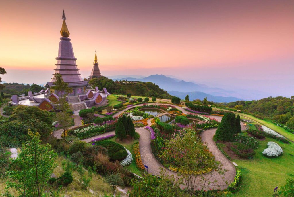 Royal Twin Pagodas at Doi Inthanon National Park surrounded by misty mountains, Northern Thailand.