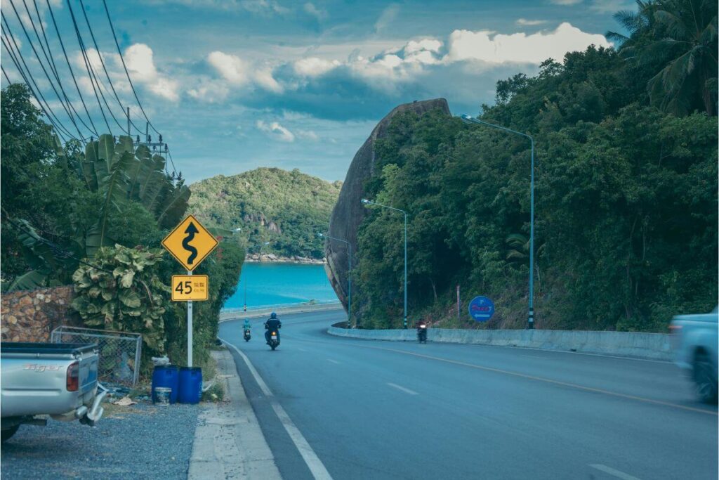 narrow coastal road lined with tropical trees overlooking the sea