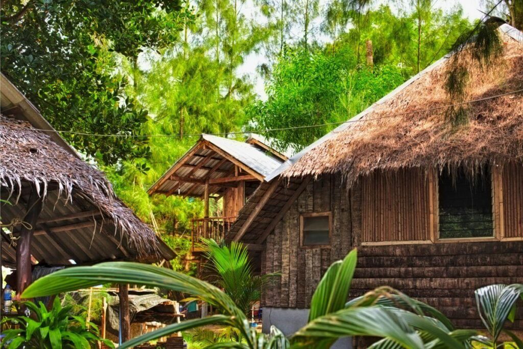 wooden eco lodge surrounded by tropical greenery