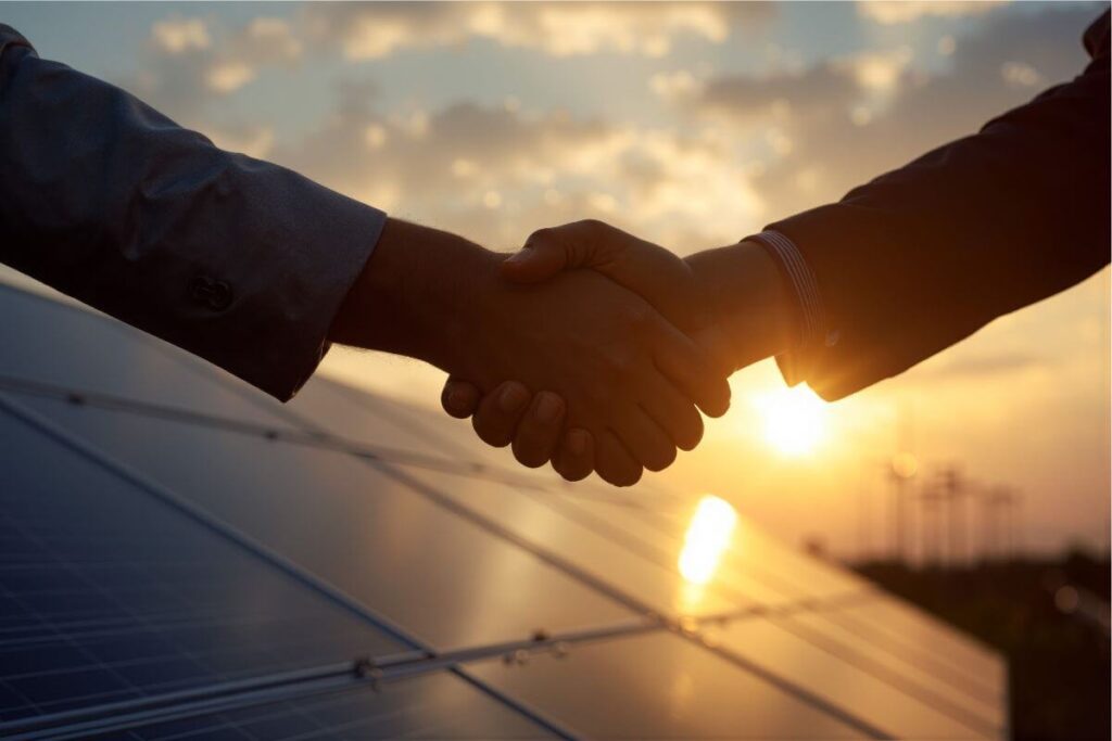 Local partnership for sustainable travel in Thailand – hands shaking in front of solar panels promoting eco friendly tourism 2026