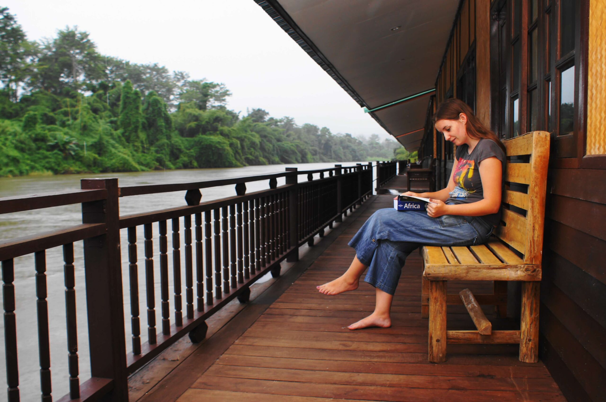 Floating raft house on the river in Kanchanaburi