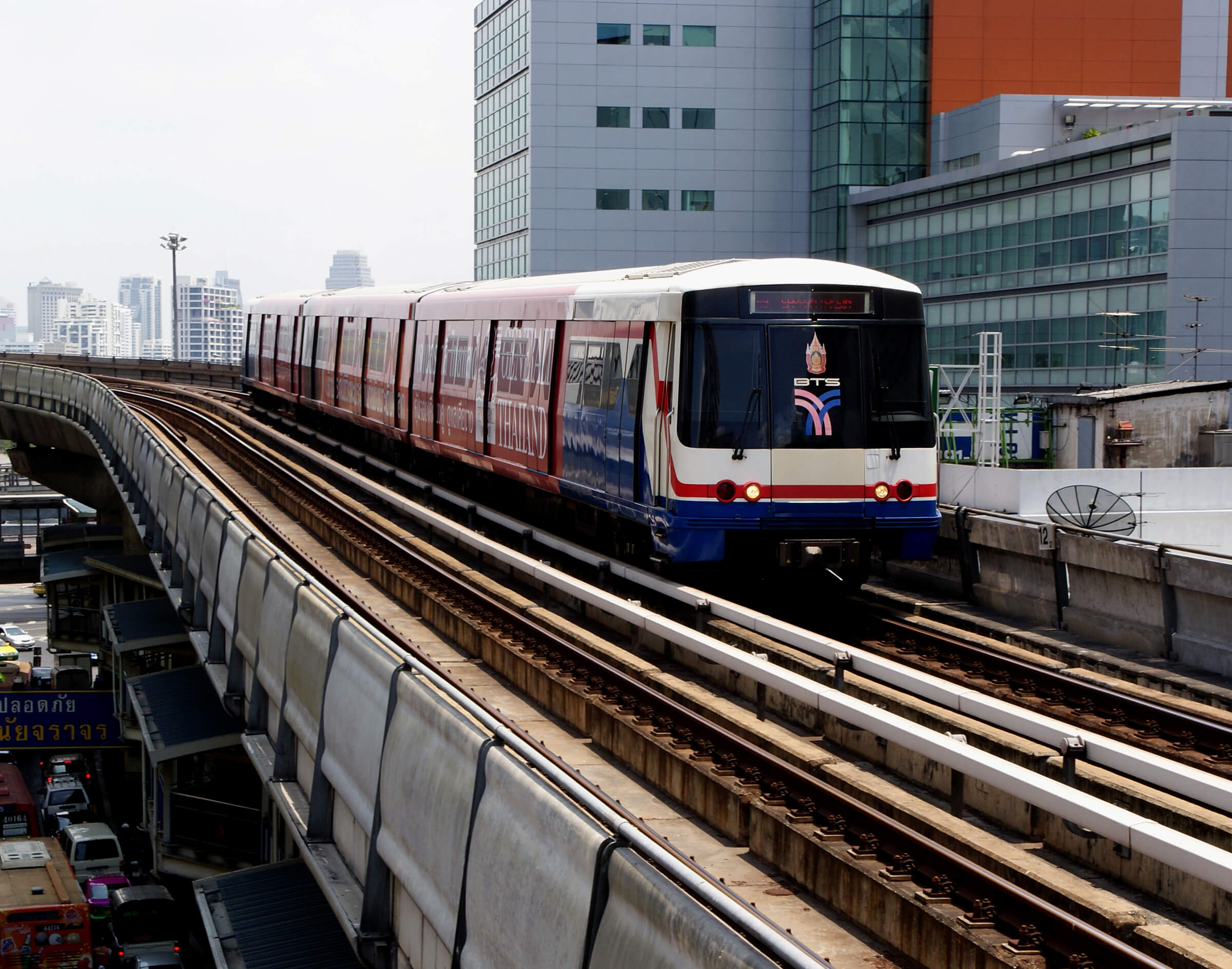 Bangkok BTS Skytrain passing through the city, showing elevated rail transport used to avoid traffic