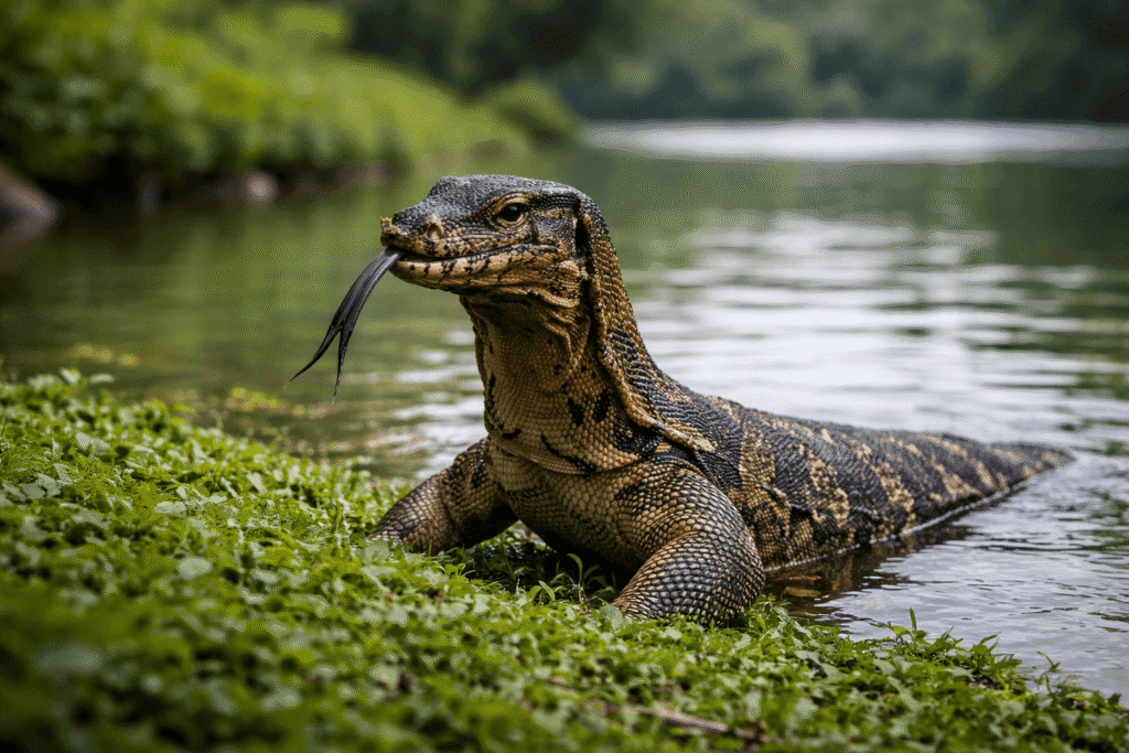 off-path-thailand-bangkok-park-monitor-lizard Close-up of a monitor lizard in Bangkok park with textured scales and tongue out near water