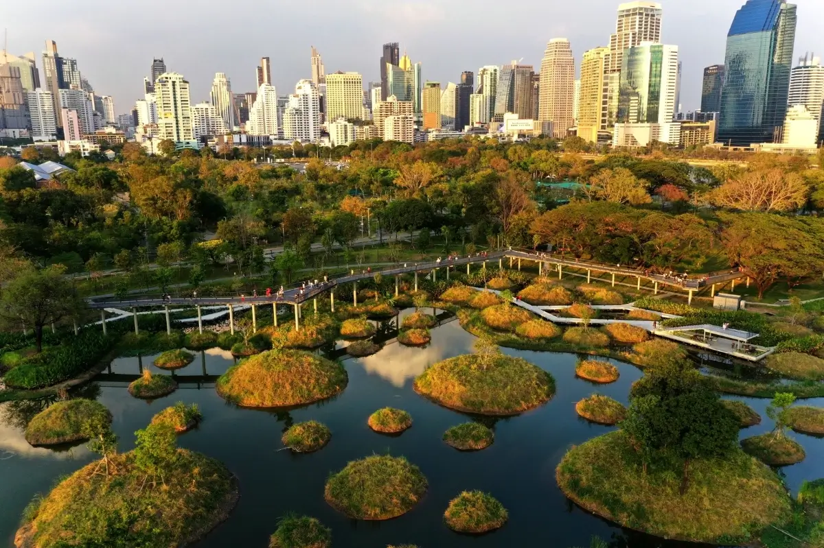 Benjakitti Forest Park in Bangkok with modern walkways and open green space