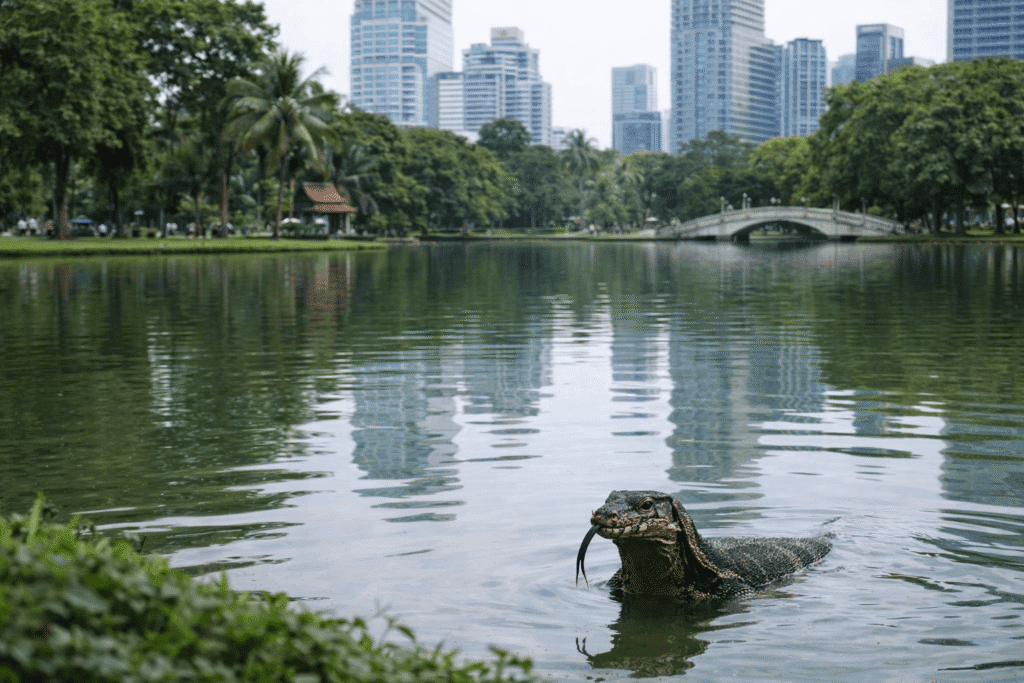 off-path-thailand-lumphini-park-monitor-lizard Bangkok parks with monitor lizards in Lumphini Park near the lake with city skyline and green surroundings