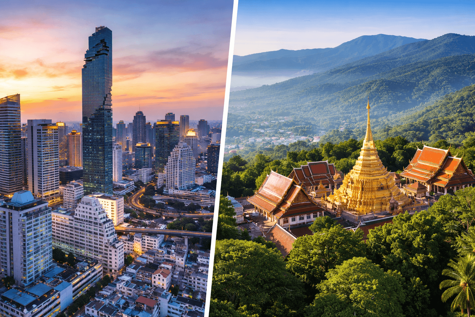 Bangkok skyline contrasted with Chiang Mai mountains and temple view for a travel comparison