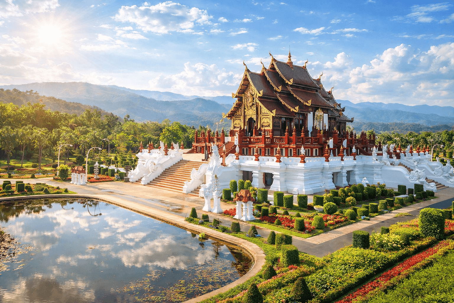 Bhubing Palace gardens in Chiang Mai with traditional architecture and mountain views, a quieter stop beyond Doi Suthep in 2026