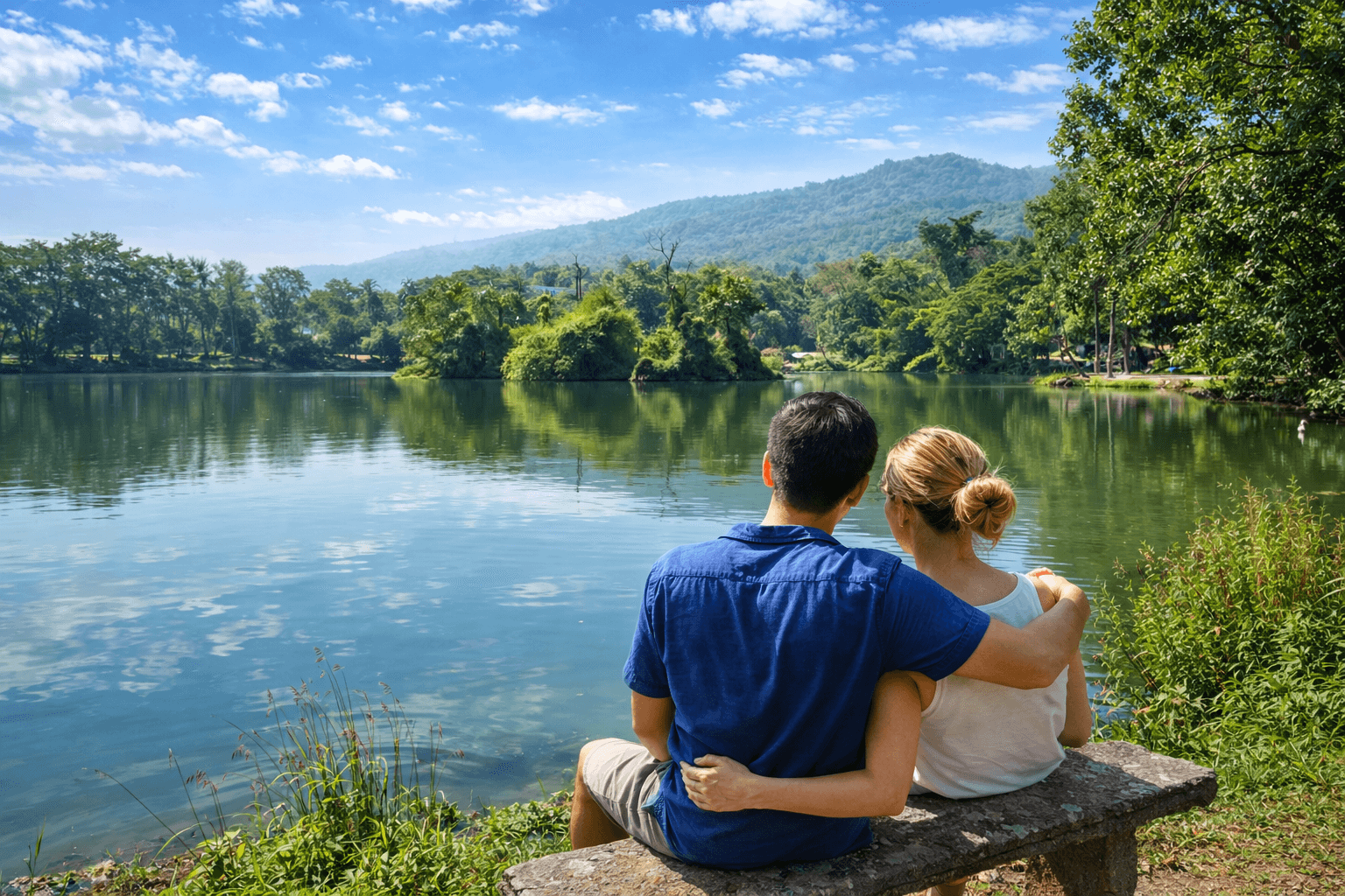 Huai Kaeo Reservoir near Chiang Mai with calm water and mountain views, a quiet alternative stop near Sticky Waterfalls in 2026