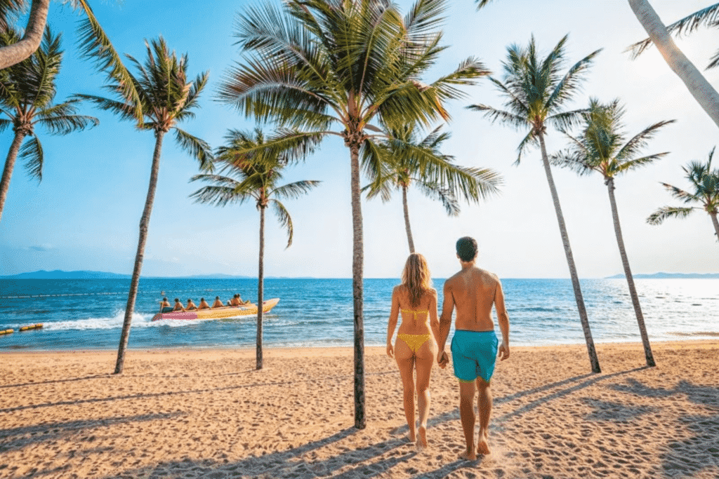 Couple relaxing on Jomtien Beach near Bangkok with calm sea and sandy shoreline