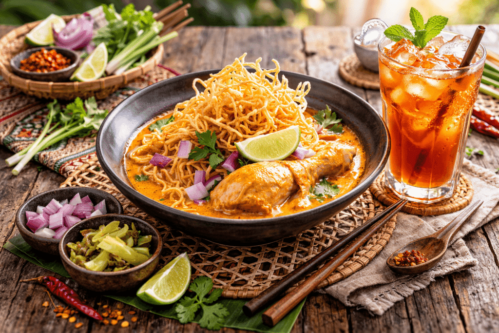 off-path-thailand-chiang-mai-authentic-food-hero A steaming bowl of Khao Soi, a Northern Thai coconut curry noodle soup
