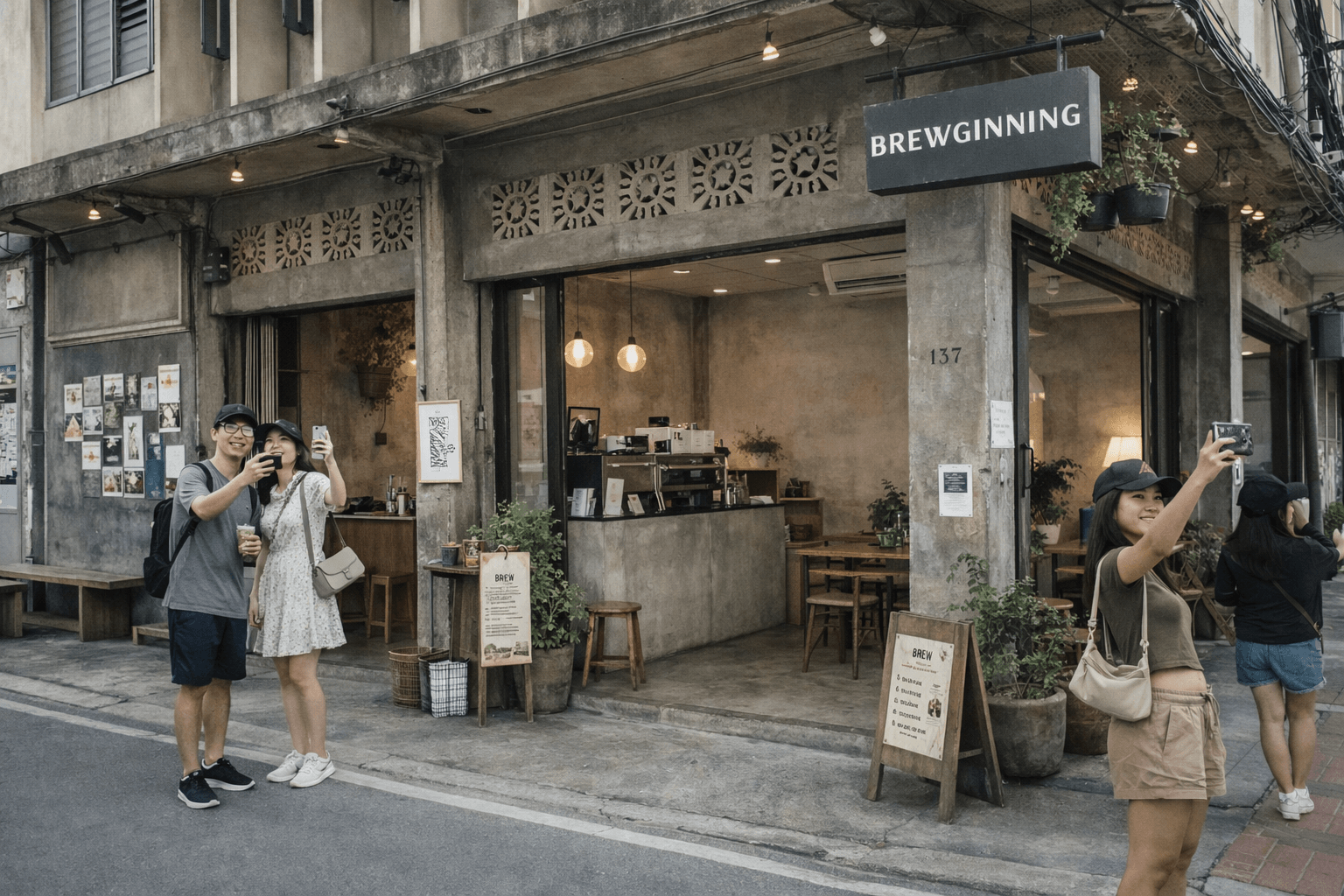 Brewginning cafe Chiang Mai exterior with people taking photos outside