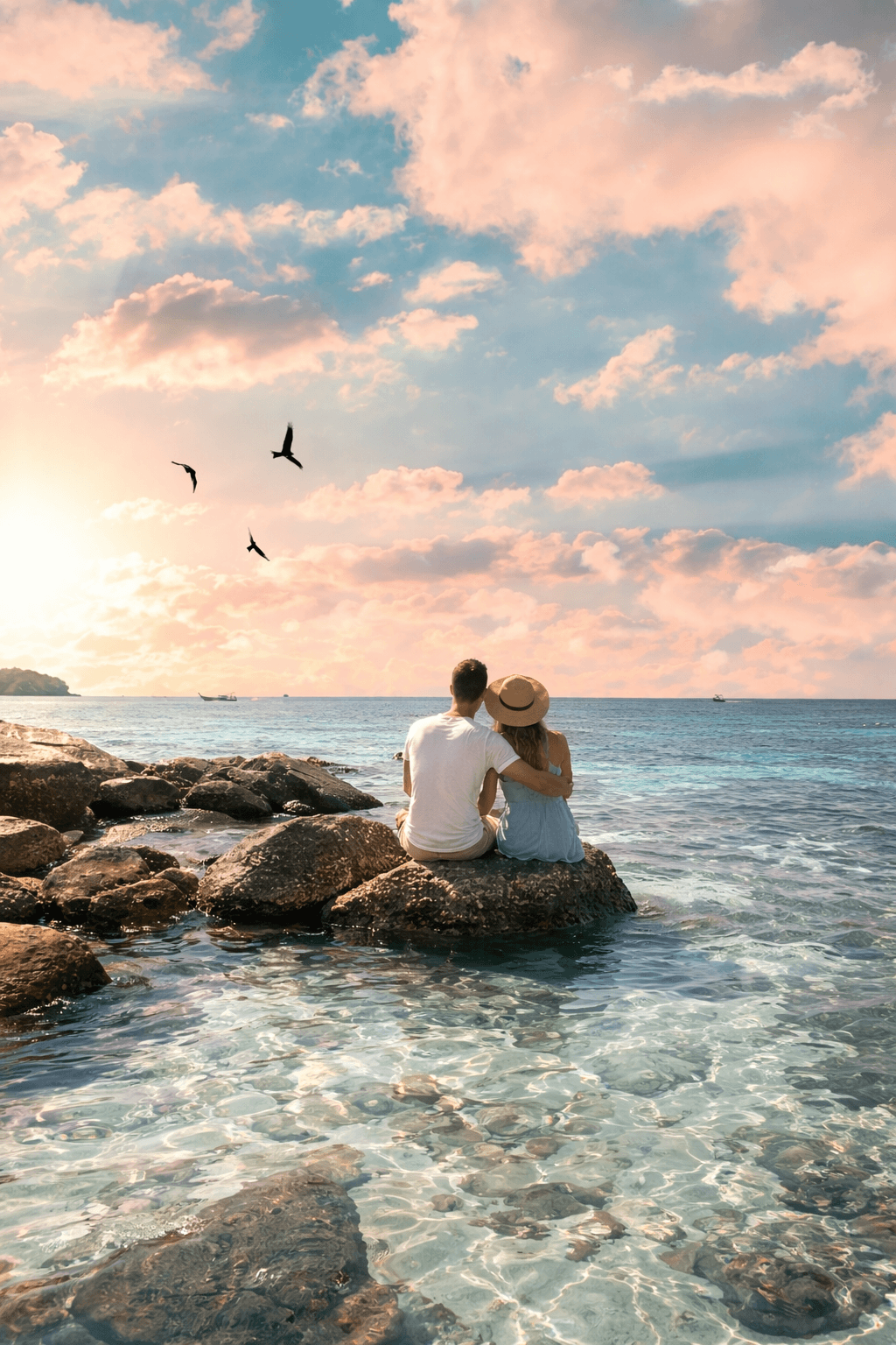 Romantic travel in Thailand: couple sitting on a rock above a quiet beach in southern Thailand