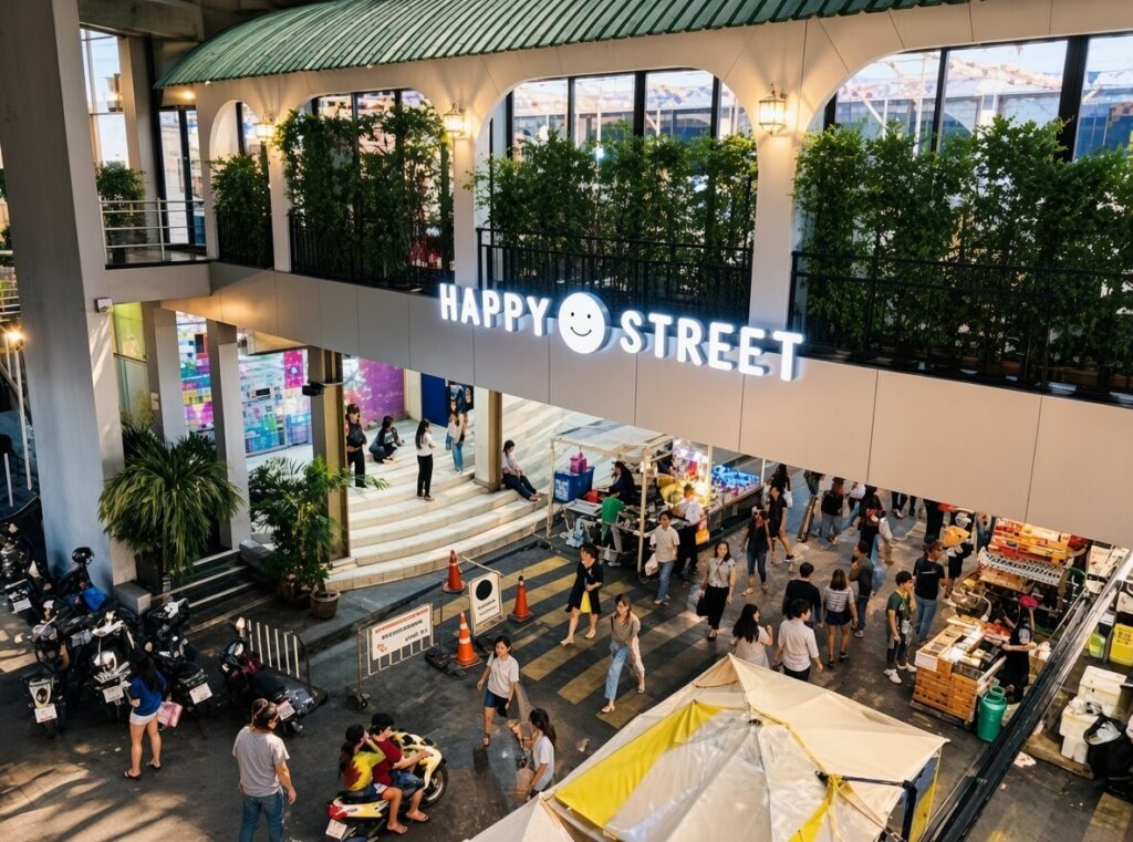 off-path-thailand-bangkok-happy-land-market Bustling food and shopping stalls at Happy Land Market, one of the authentic hidden local markets Bangkok has in its residential neighborhoods.
