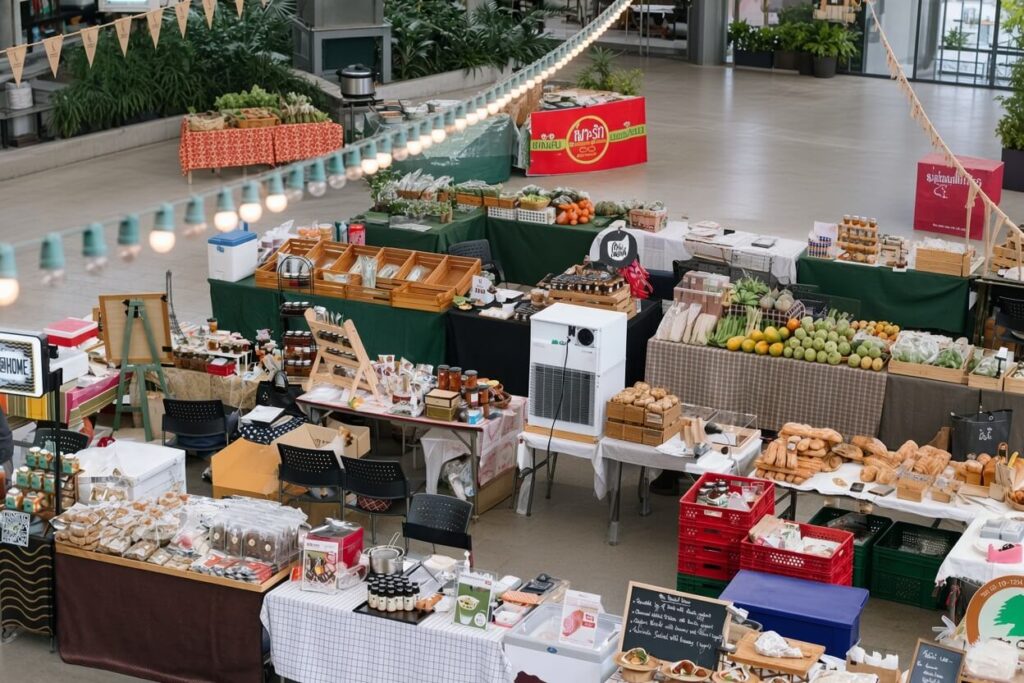 off-path-thailand-bangkok-k-village-farmers-market Organic produce and artisan food stalls at K Village Farmers Market, one of the high-end hidden local markets Bangkok offers in Sukhumvit.