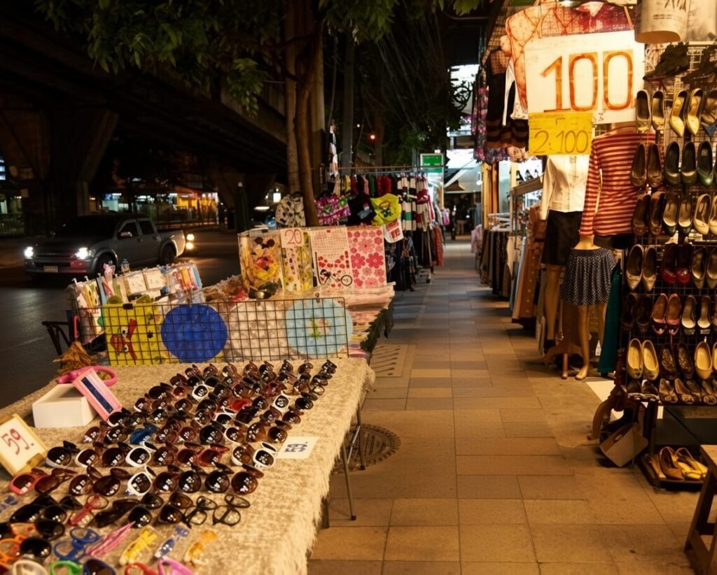 off-path-thailand-bangkok-ramkamhaeng-night-market A sunglasses stall displaying affordable eyewear at Ramkhamhaeng Night Market, one of the hidden local markets Bangkok locals shop at.